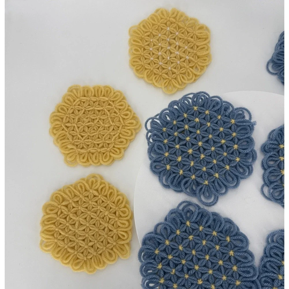 Vtg Handmade Loom Crochet Coasters-4 Blue/Yellow-1 Blue-4 Yellow-1 Yellow/White‎
